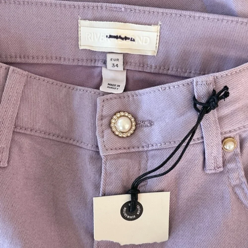 River Island Lavender Shimmer Stretch Denim Longline Shorts New NWT US 4